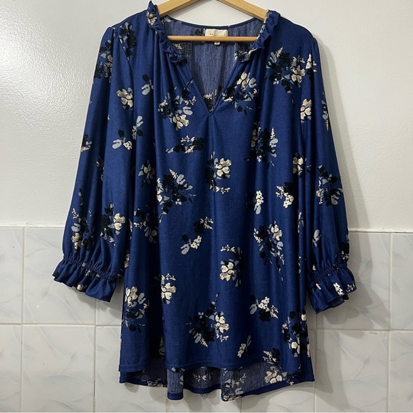 Melloday 2XL Blue Peasant Floral 3/4 sleeve Pullover Fairy Boho Ruffle Top - Picture 1 of 8